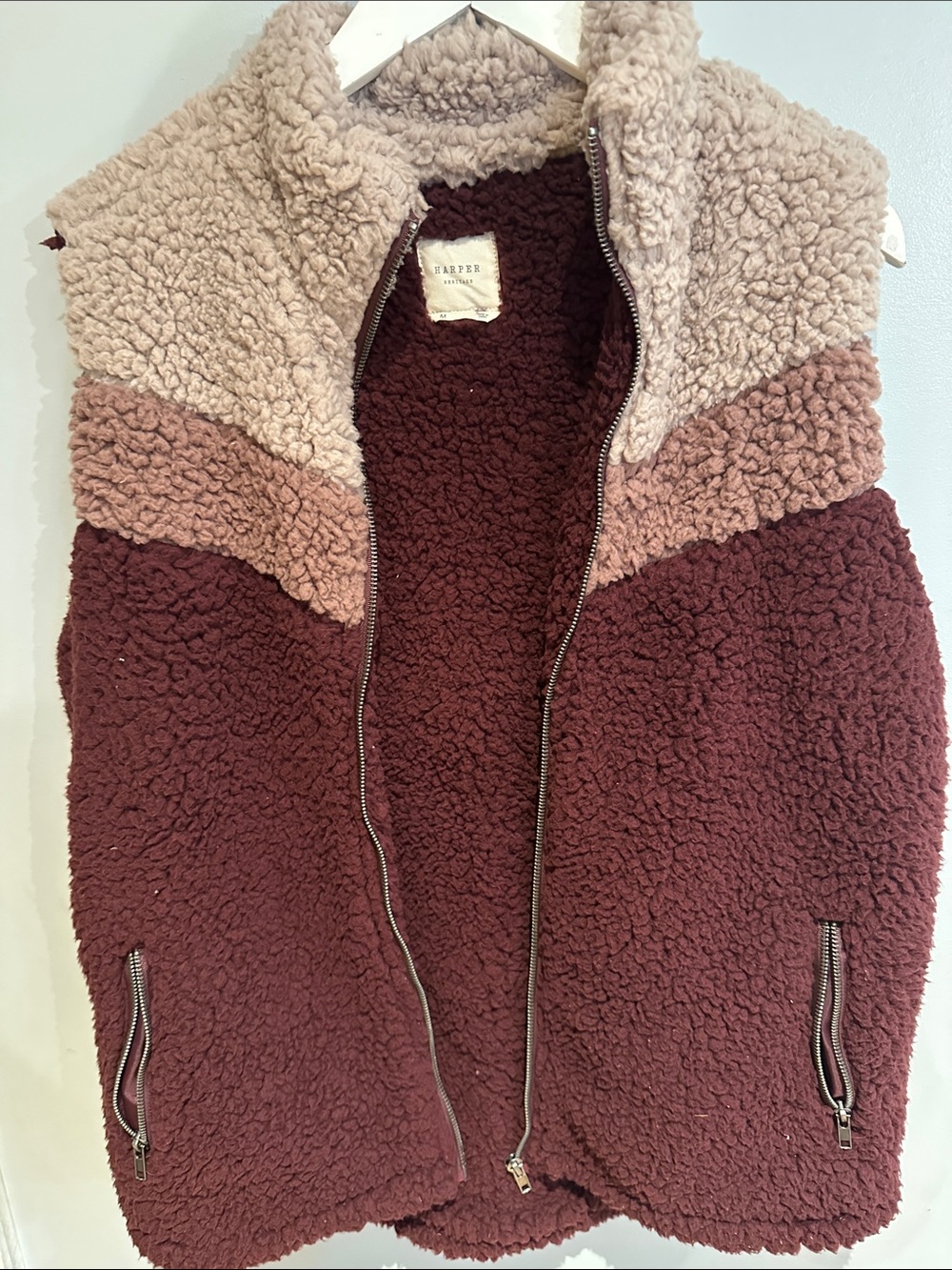 Harper Colorblock Sherpa Vest - Burgundy & Blush